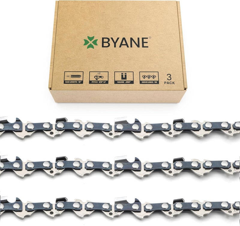 Byane 16 Inch Chainsaw Chain 3/8" LP Pitch .050'' Gauge 56 Drive Links Low-kickback Fits Poulan P3816, Craftsman CMECS600, S160, S165, CMECS600, HOMELITE, Ryobi, S56 (3 Chains) - Image 1